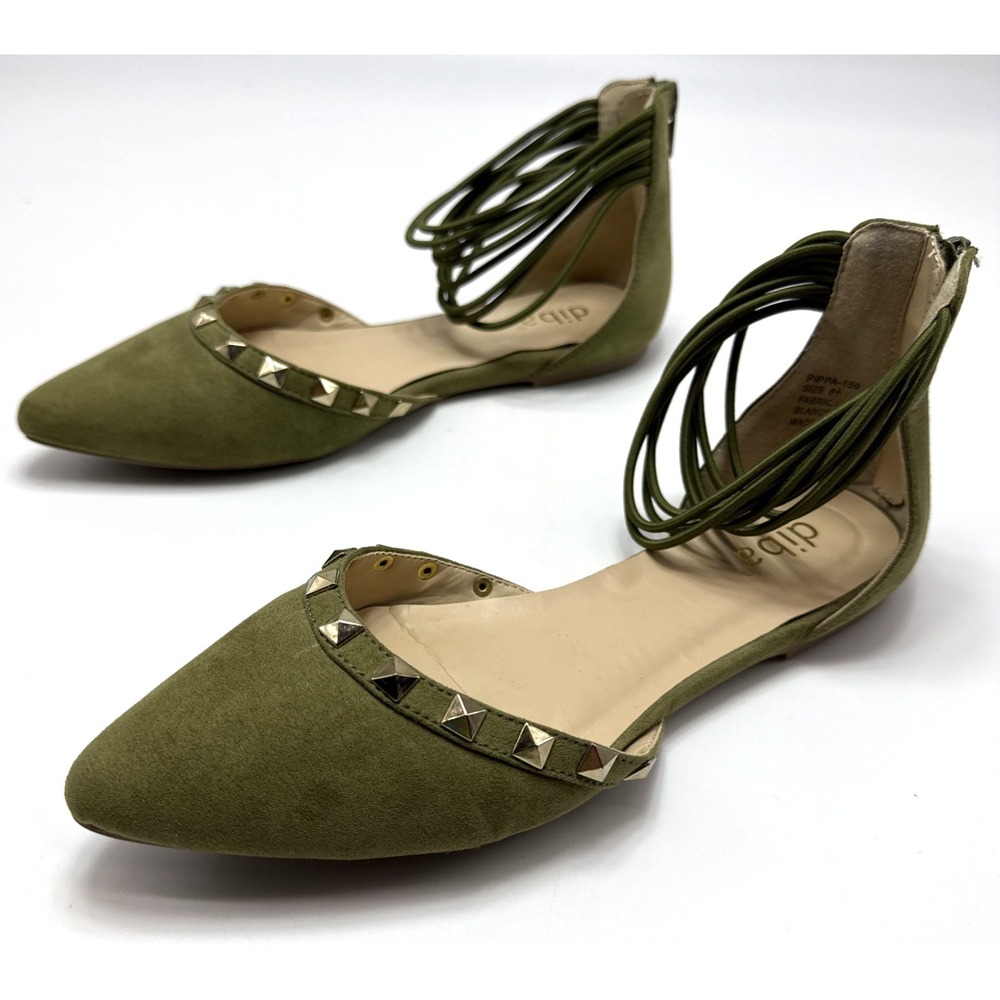 Diba Strappy Ankle Studded Flats Pointed‎ Toe Suede Green Womens Size 6.5